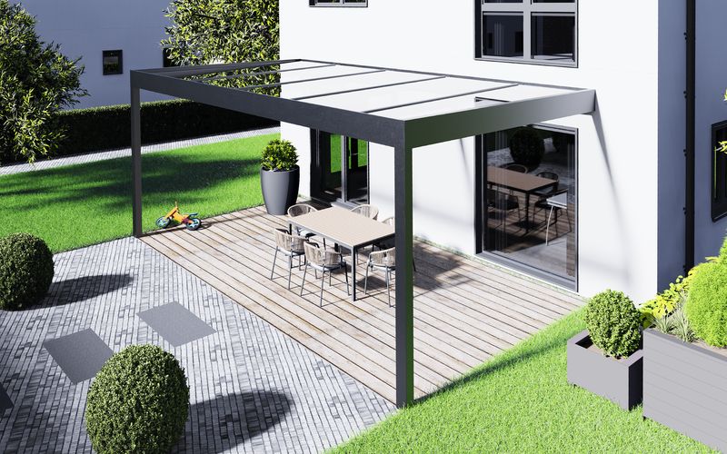 Visualisierung: Terrassenüberdachung mit Flachdach über einer Terrasse