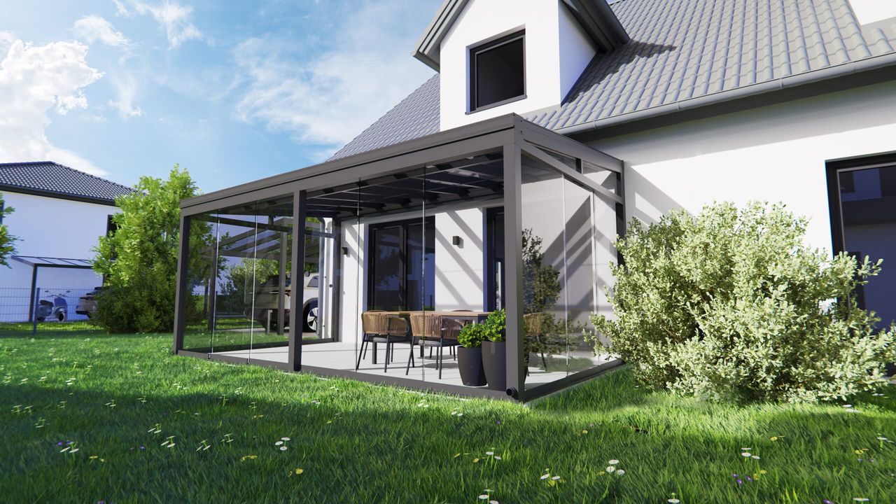 Visualisierung: Terrassenüberdachung mit Glas-Schiebeanlagen als Kaltwintergarten